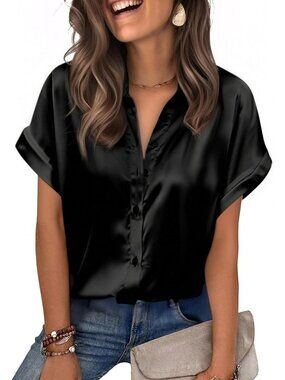 Women's Black Satin Silk Blouse Short Sleeve Button Down Collared Office Shirt